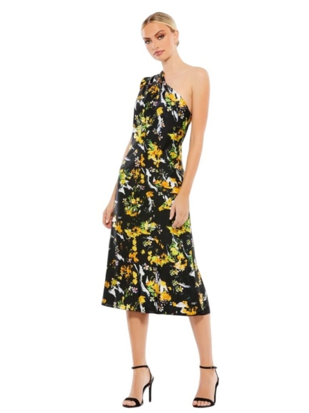 Mac Duggal Black Multi Floral One Shoulder Midi Dress New With Tags